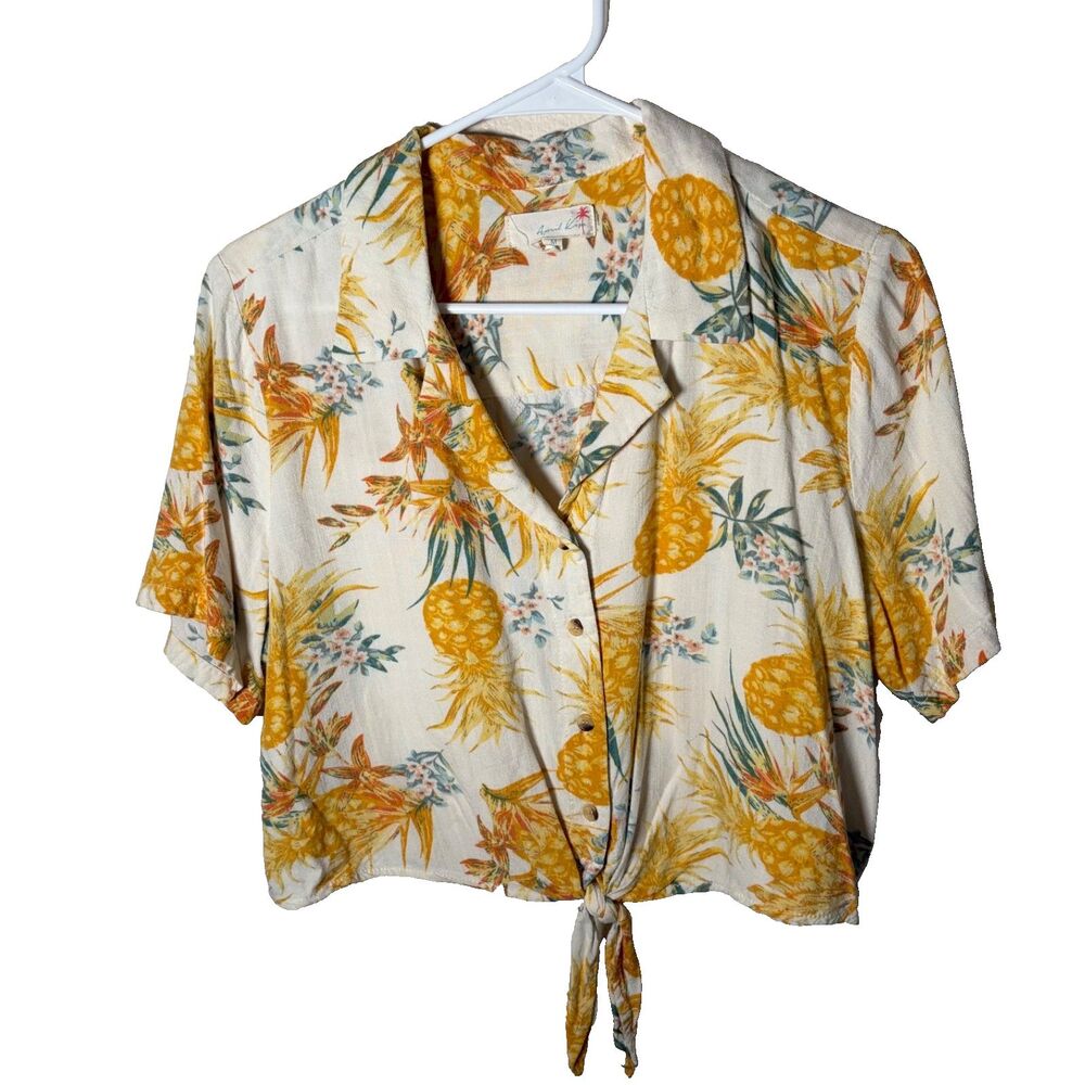 April Kiss Shirt Women's Medium Pineapple Button Up Tie Cropped Collared Top